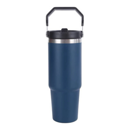 Garrafa Flip Straw Alça Superior e Canudo 900ml Azul Marinho