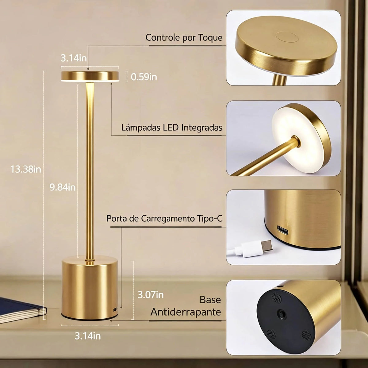Luminária de mesa minimalista LED com sensor de toque sem fio (recarregável via USB)