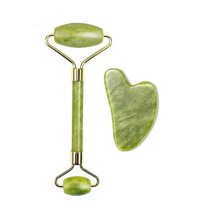 Kit de Massagem Facial - Rolo de Pedra Jade + Gua Sha