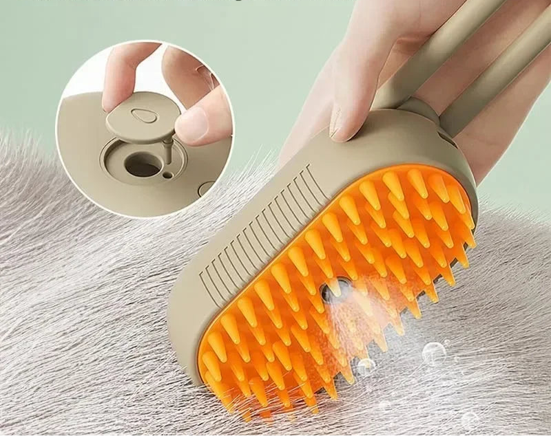 Escova Pet 3 em 1 com vaporizador: Escova e facilita remoção de pelos (cães e gatos)