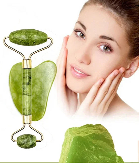 Kit de Massagem Facial - Rolo de Pedra Jade + Gua Sha
