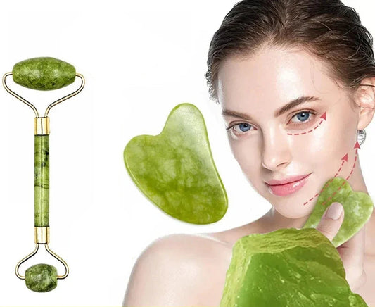 Kit de Massagem Facial - Rolo de Pedra Jade + Gua Sha