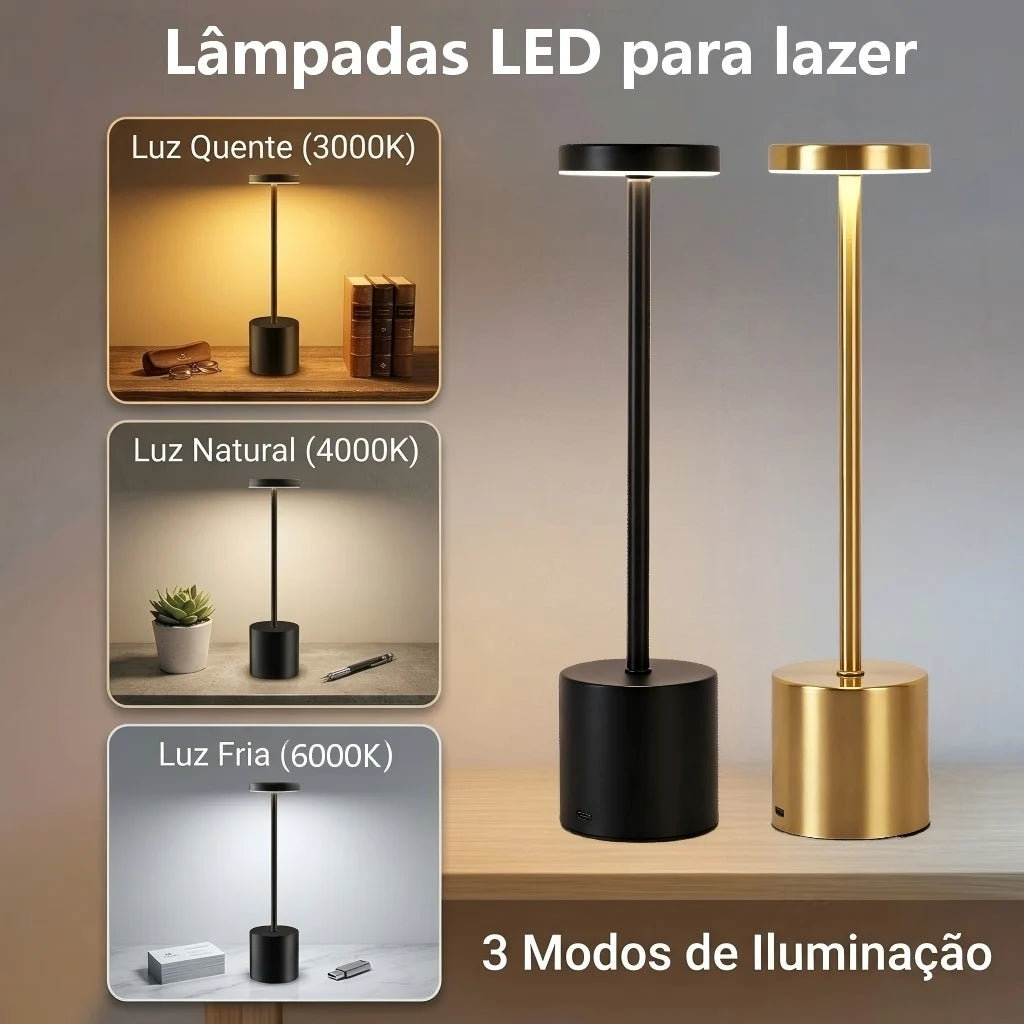 Luminária de mesa minimalista LED com sensor de toque sem fio (recarregável via USB)